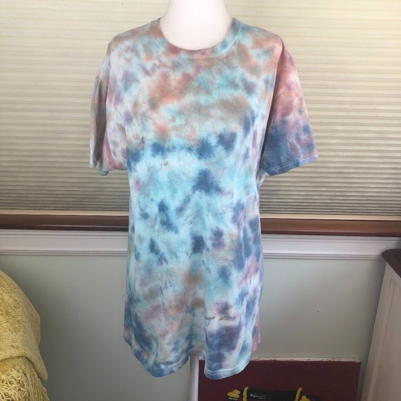 Hanes Custom Tie Dye Tops - NEW Hanes Boho Blue Orange Custom Tie Dye Short Sleeve T-Shirt Festival